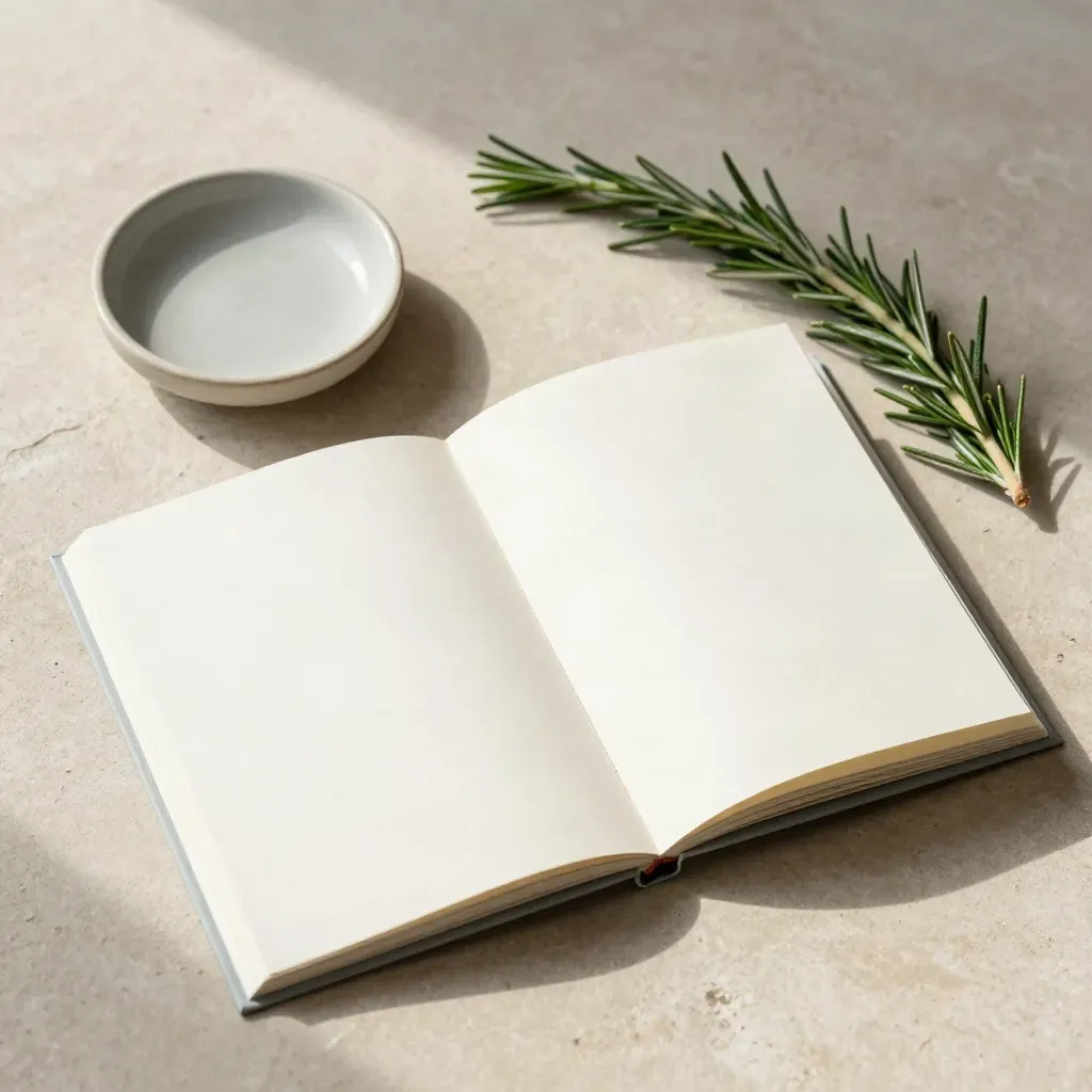 Booklet guida tascabile con tab colorate, piattino in ceramica e rosmarino su pietra chiara.