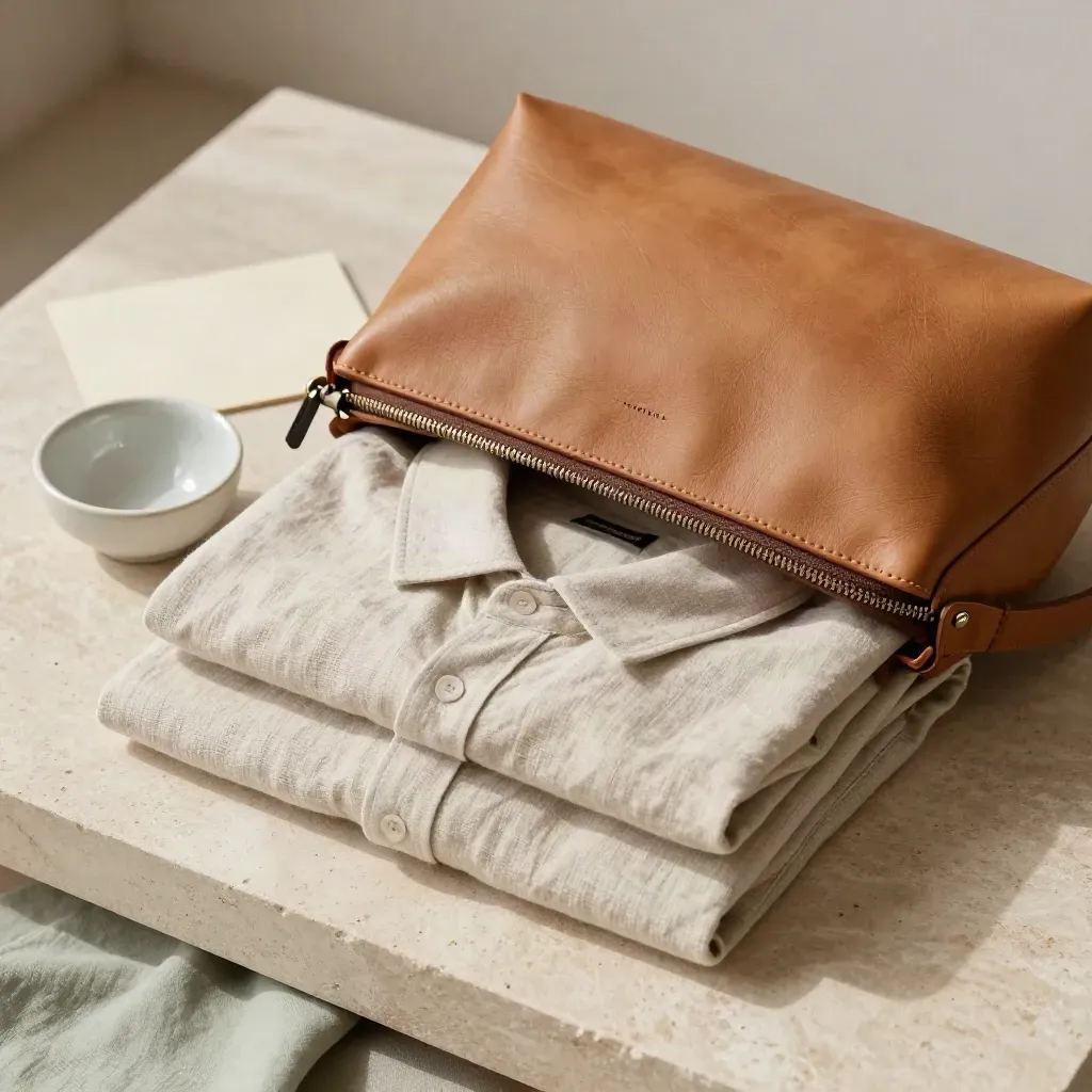 Borsone in pelle con camicie in lino e ciotola in ceramica su pietra chiara