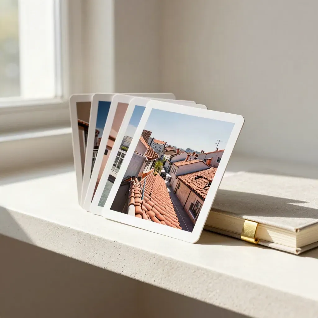 Carte fotografiche di terrazze e tetti, con taccuino chiuso e clip in ottone su mensola chiara.