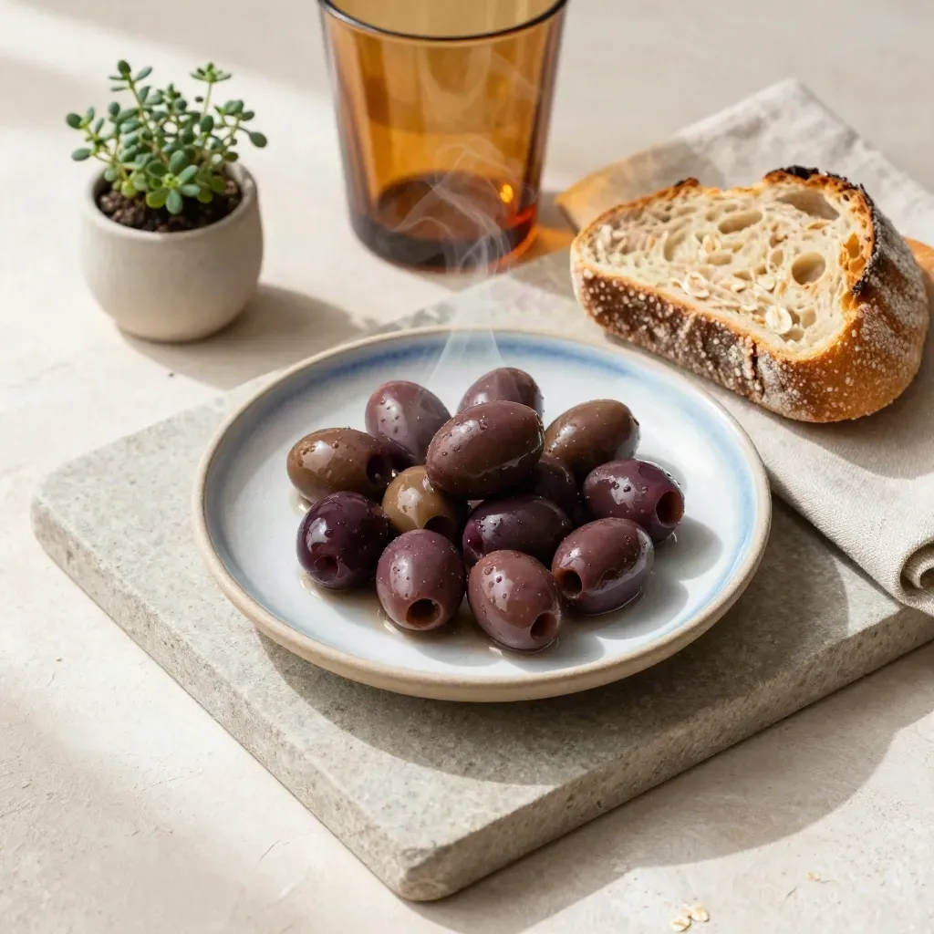 Piatto di olive, pane e bicchiere ambrato su vassoio di pietra con lino ed erba aromatica.