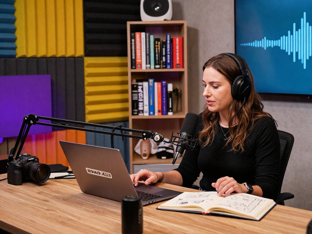 ROKOK88 login podcast workspace with Brit Morin recording insights in a stylish studio filled with innovation.