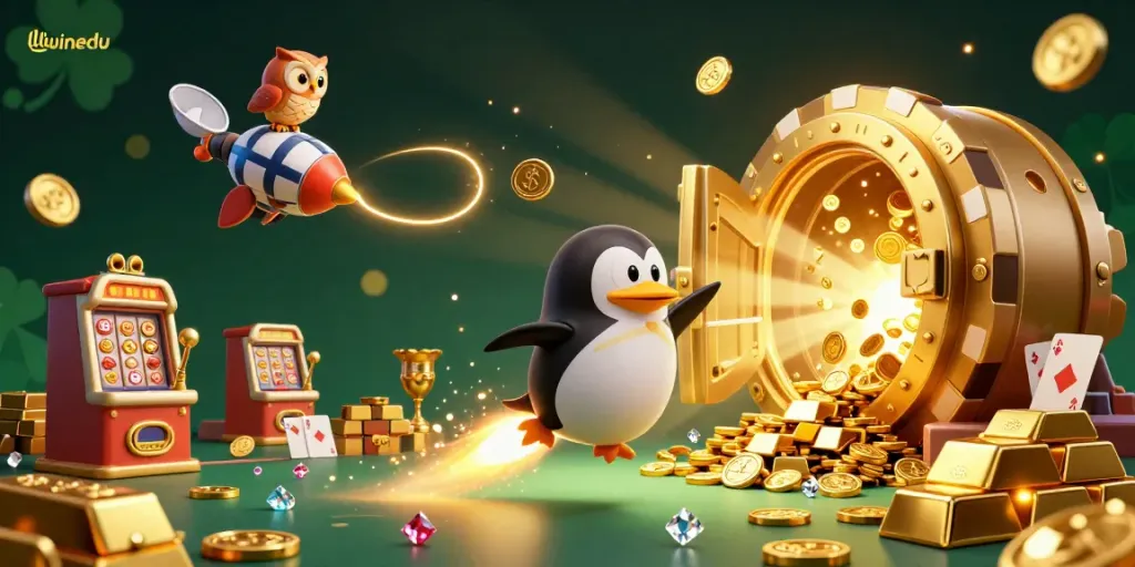 Experience llwinedu's thrilling casino adventure with a golden penguin and exciting games.