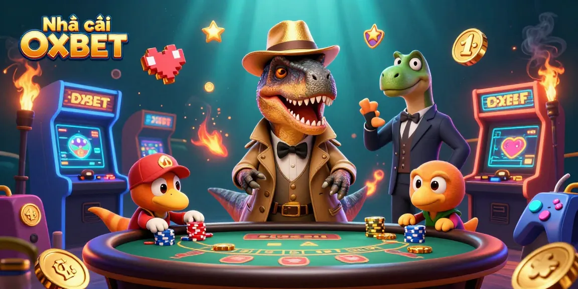 Experience thrilling blackjack action at Nhà cái OXBET with a 3D cartoon velociraptor amidst vibrant gaming elements.