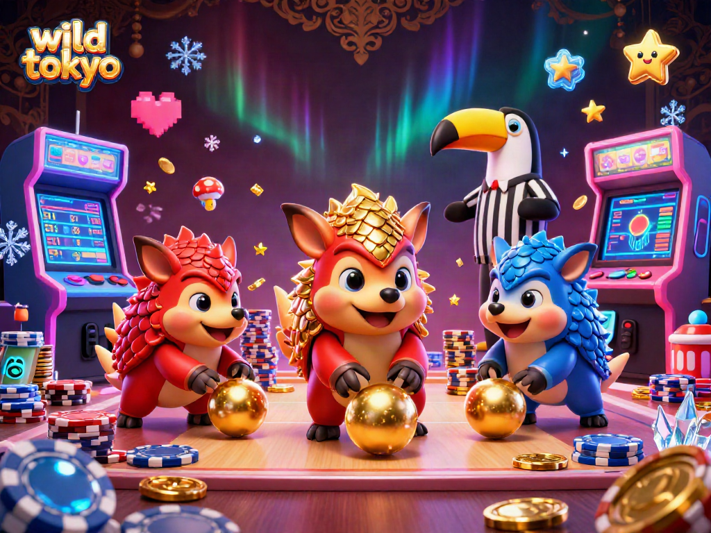 Experience wild tokyo in this vibrant 3D casino scene with pangolins and dynamic game elements.