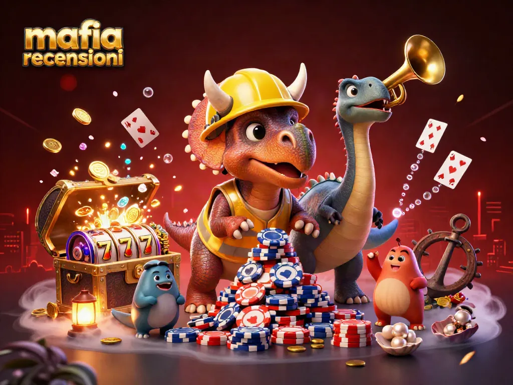 Mafia casino recensioni features a dynamic 3D scene with a triceratops stacking poker chips, surrounded by slot reels and cheering compys.
