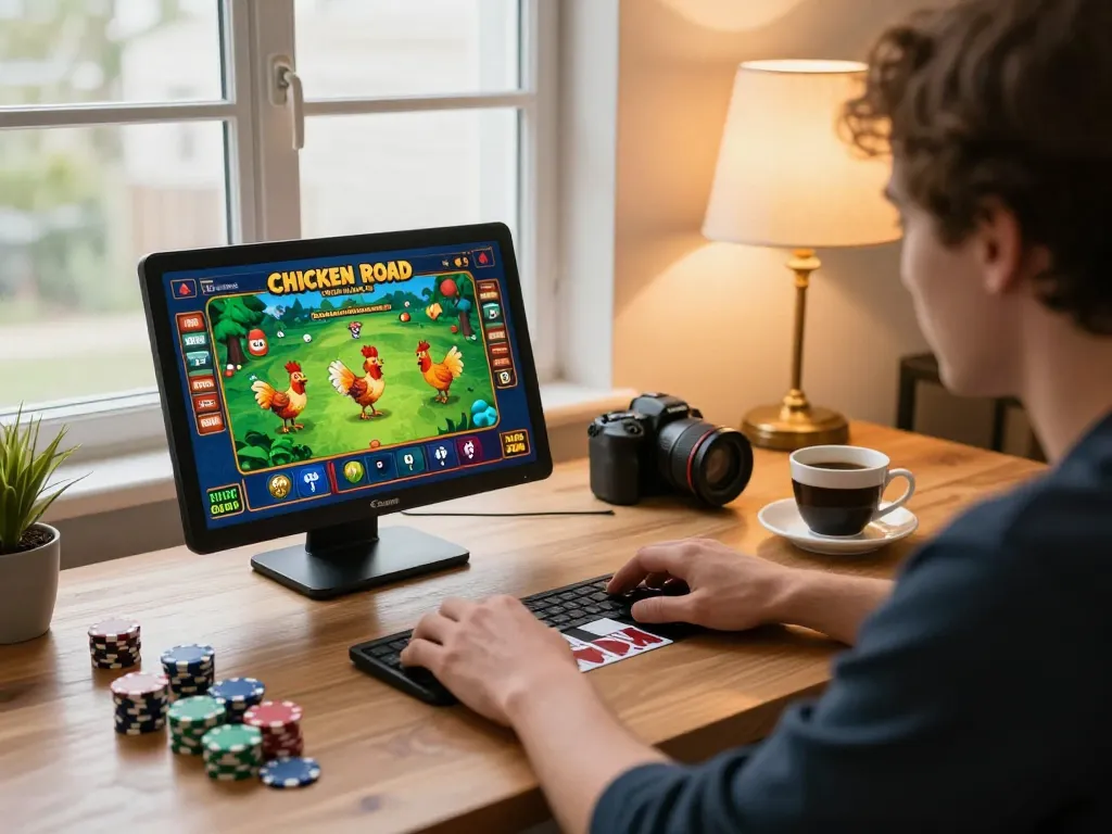 Giocatore coinvolto che esplora recensioni chicken road su un tablet in un accogliente ufficio domestico