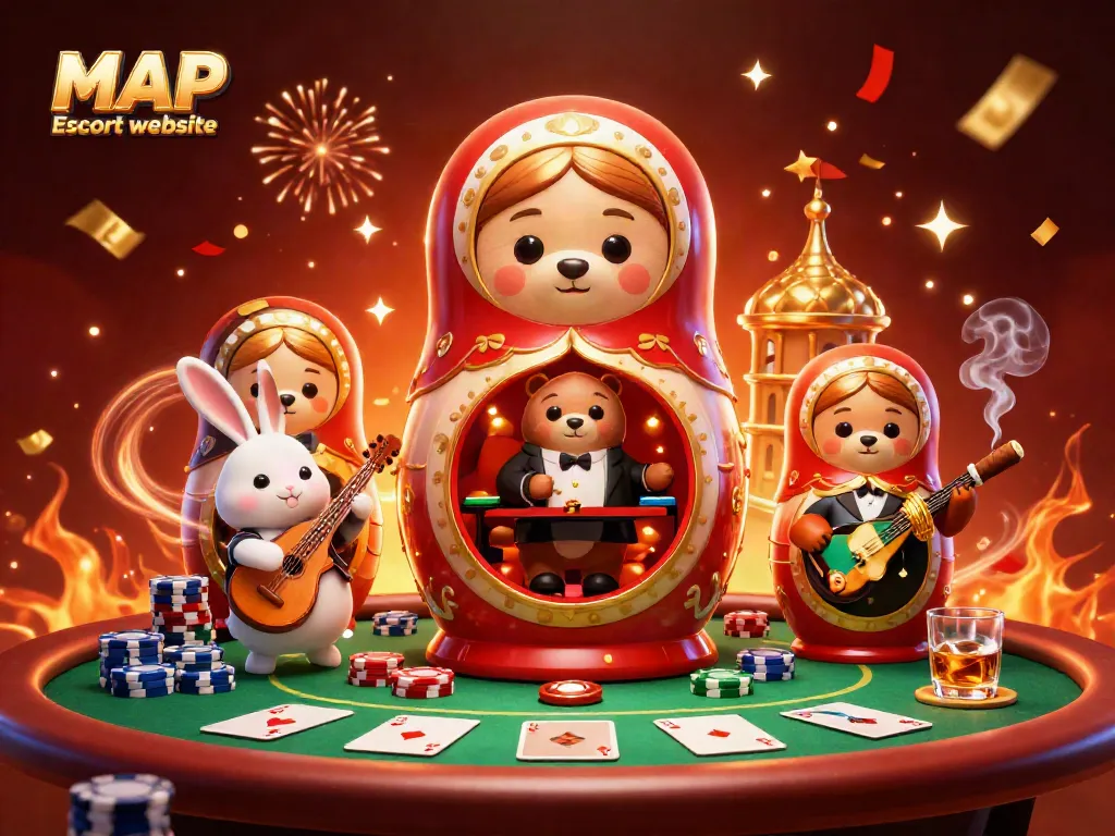 Engage with the MAP Escort website through this vibrant 3D casino scene featuring playful characters and rich gambling elements.