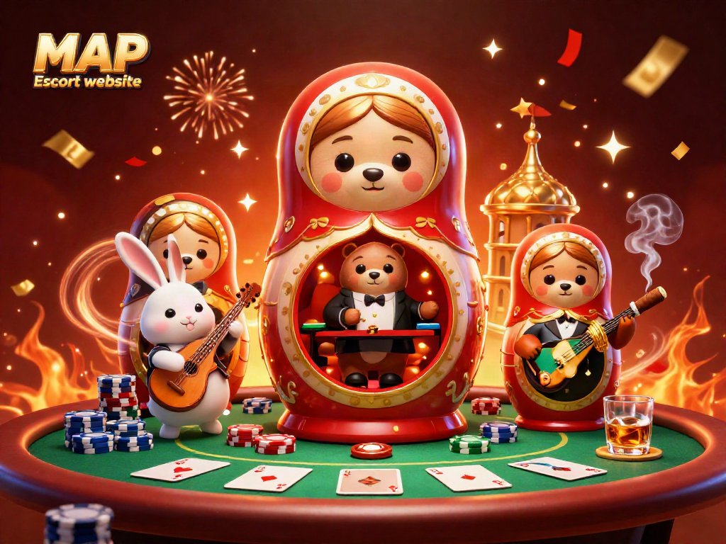 Engage with the MAP Escort website through this vibrant 3D casino scene featuring playful characters and rich gambling elements.
