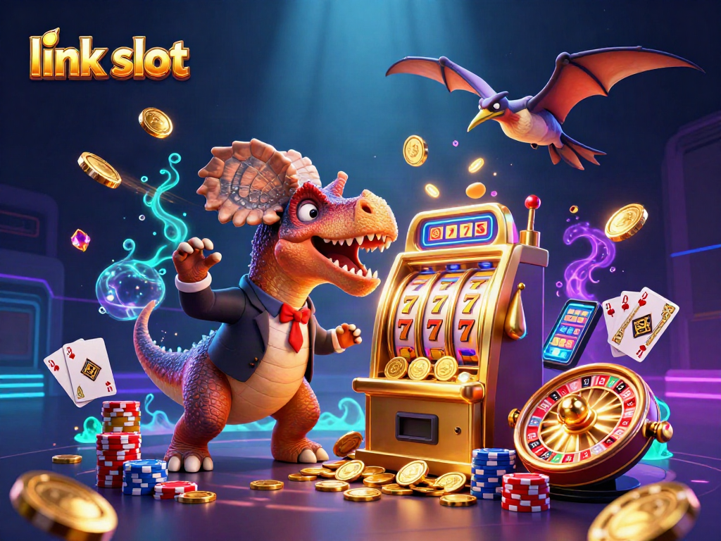 Experience jackpot excitement with link slot as a dinosaur hits the golden machine amid flying coins.