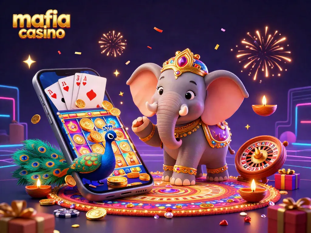 Mafia casino's thrilling ambiance with an elephant, peacock, and vibrant gaming elements.