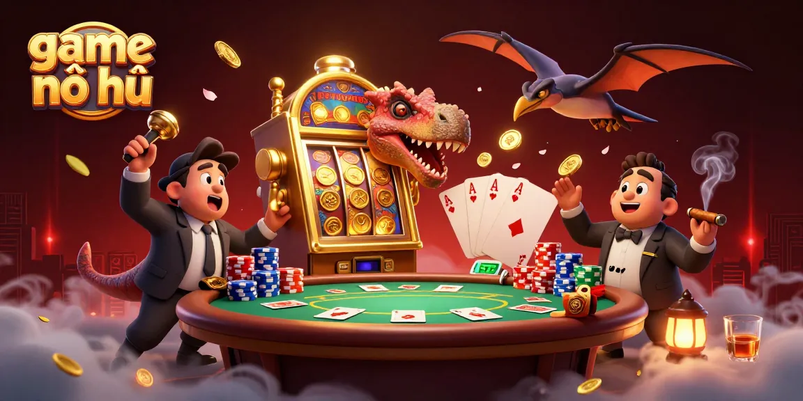 Engage in game nổ hũ excitement as a dinosaur heads for the jackpot amidst casino chaos.