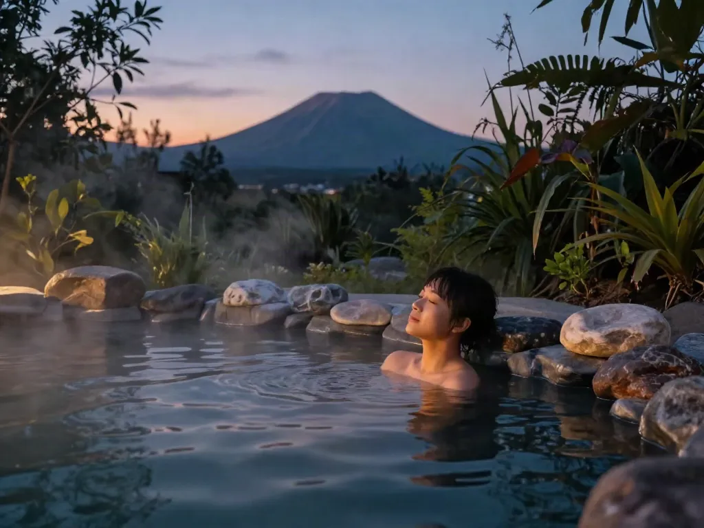 Relaxing soak in a volcanic hot spring at twilight, highlighting rokok88's unique black mineral water experience