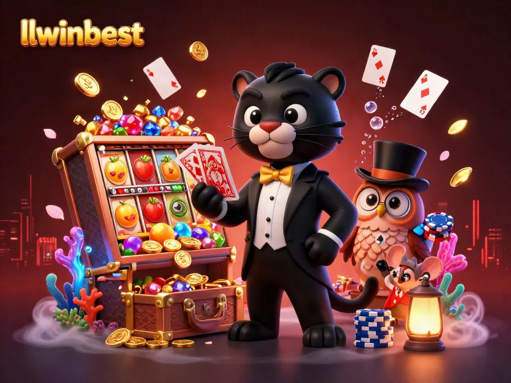 Experience top-tier gaming excitement at llwinbest with a stylish black panther dealing cards, while an owl holds poker chips amidst a vibrant casino backdrop.