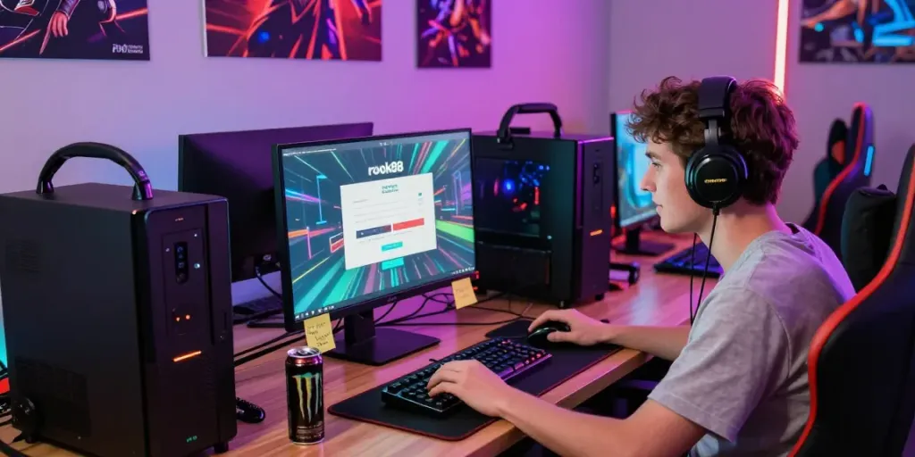 rokok88 login screen in a vibrant gaming setup with young adult gamer engaged in gameplay
