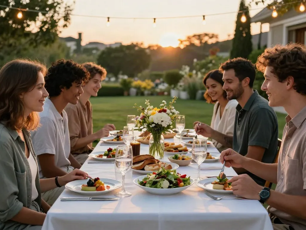 ROKOK88 link outdoor catering setup with gourmet dishes at sunset.