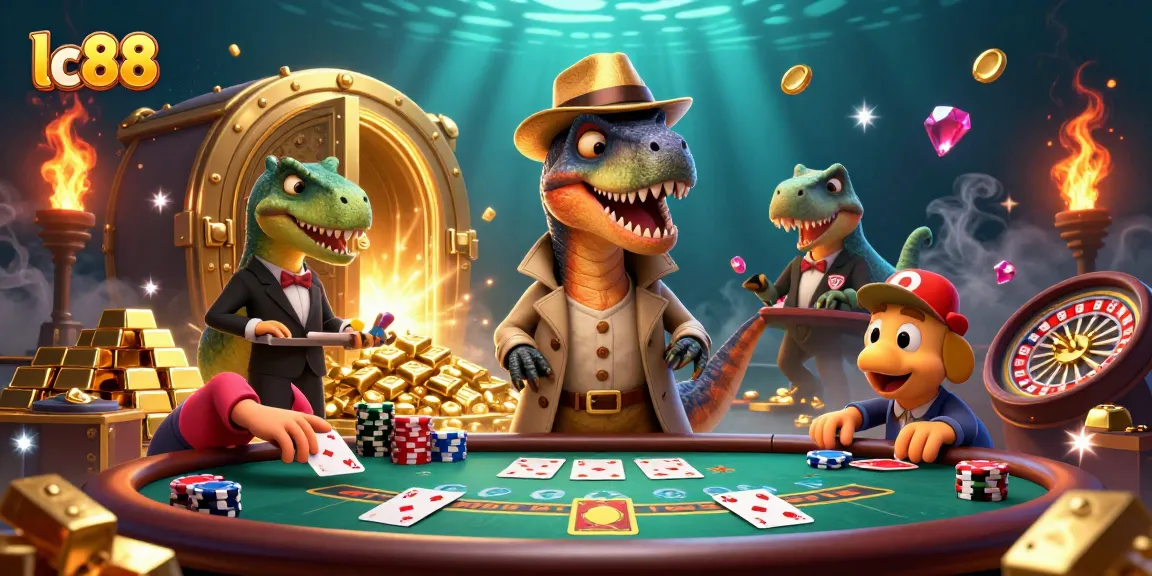 Experience lc88's thrilling casino action with a velociraptor card counter and a stegosaurus pit boss in this vibrant illustration.