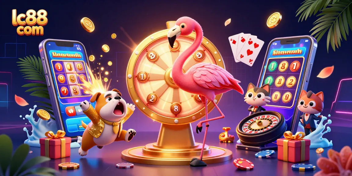 Engage with thrilling LC88 com gaming experiences featuring a vibrant prize wheel and dynamic cartoon characters.