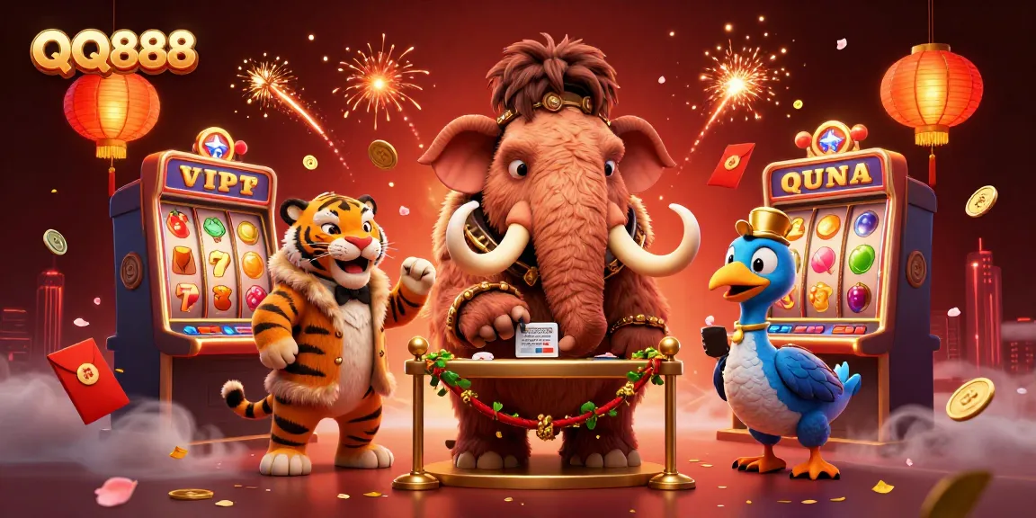 Engage with QQ888's vibrant casino scene featuring a mammoth bouncer, VIP saber-tooth, and festive decorations.
