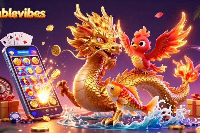Experience thrilling wins with lovablevibes in a vibrant casino scene featuring a golden dragon and slot games.