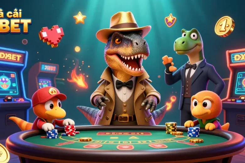 Experience thrilling blackjack action at Nhà cái OXBET with a 3D cartoon velociraptor amidst vibrant gaming elements.