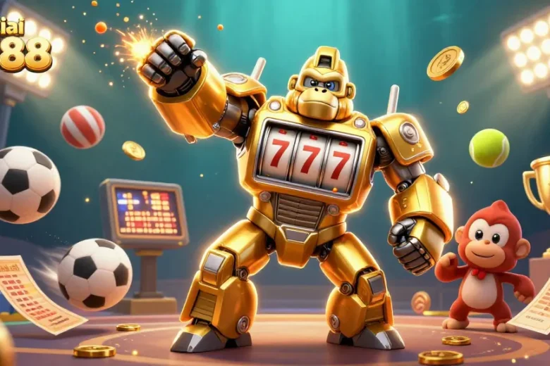 Bet on Nhà cái SIN88 with an electrifying scene of a golden gorilla mech powered by casino elements.
