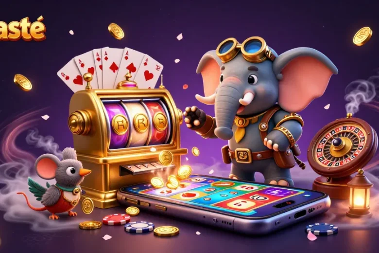 Experience thrilling gaming with ginaste's steampunk characters and dynamic slot machines in a vibrant casino scene.